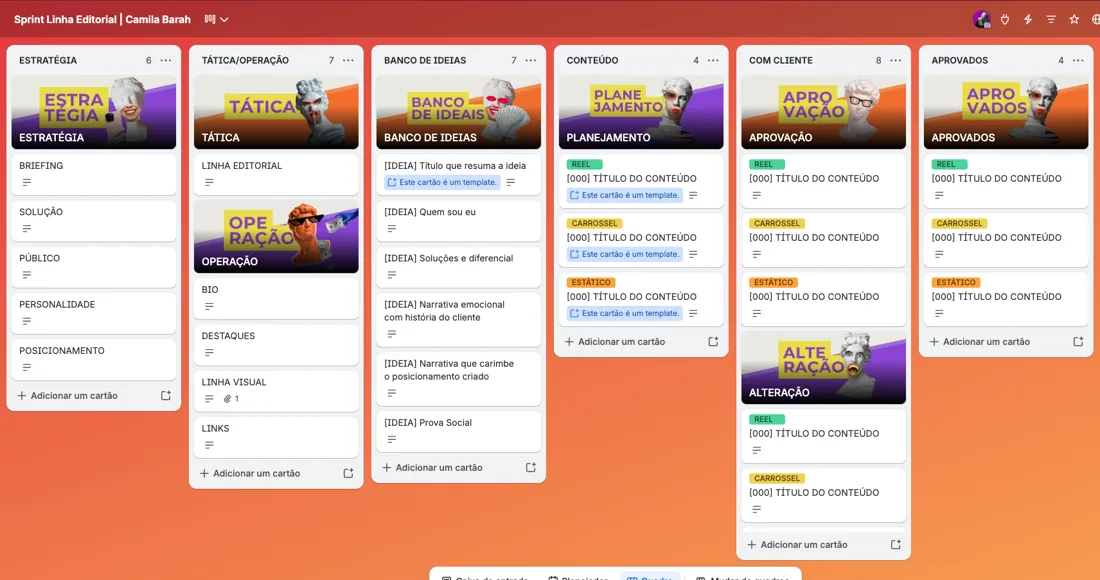 Quadro do Trello Linha Editorial Pronta com as listas Estratégia, Tática, Banco de Ideias, Conteúdo, Com Cliente e Aprovados