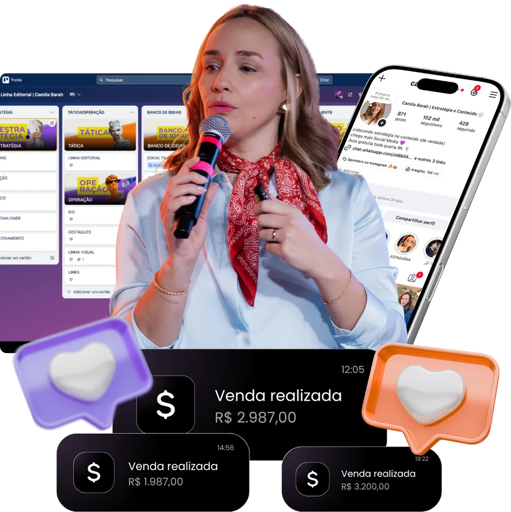 Camila Barah com o quadro do Trello, conteúdos e resultados de vendas