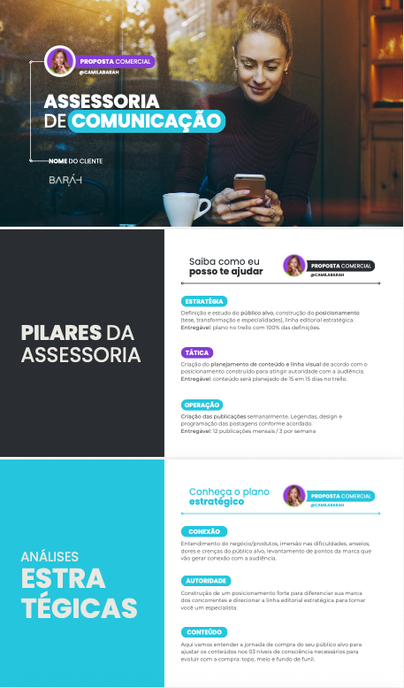 Modelo de proposta comercial editável no Canva com pilares da assessoria e análises estratégicas